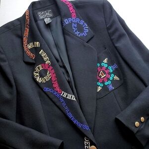 Suzelle Vintage 90s Black Colorful Alphabet Number Theatrical Blazer 14 Pristine